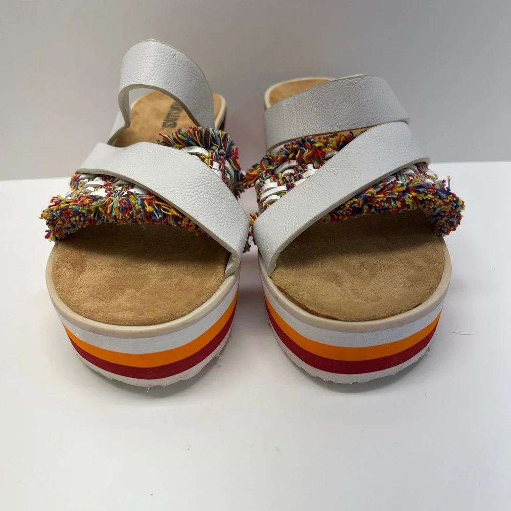 MUK LUKS Womens White Multi Fringe Striped Platform Wedge Slide Sandals Size 8